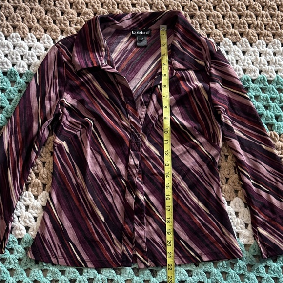 bebe Y2K Purple Brown Striped Sheer Long Sleeve Blouse Top Shirt Womans Medium - Picture 3 of 5